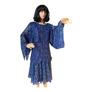 Vintage Patra 80's purple & blue sheer large sleeved layered dress size 12